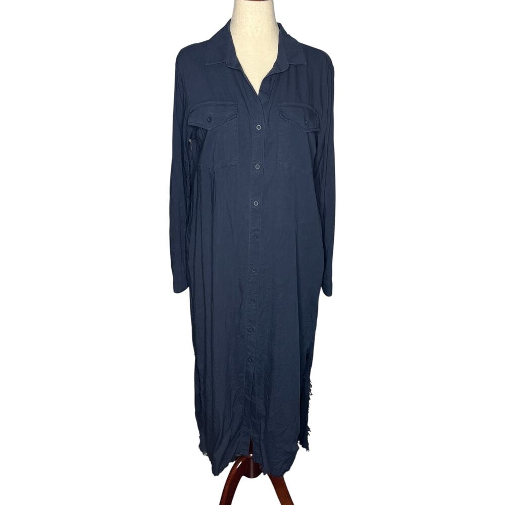 Cloth & Stone Shirt Dress Women's L Navy Button Down Maxi Long Sleeve Lyocell